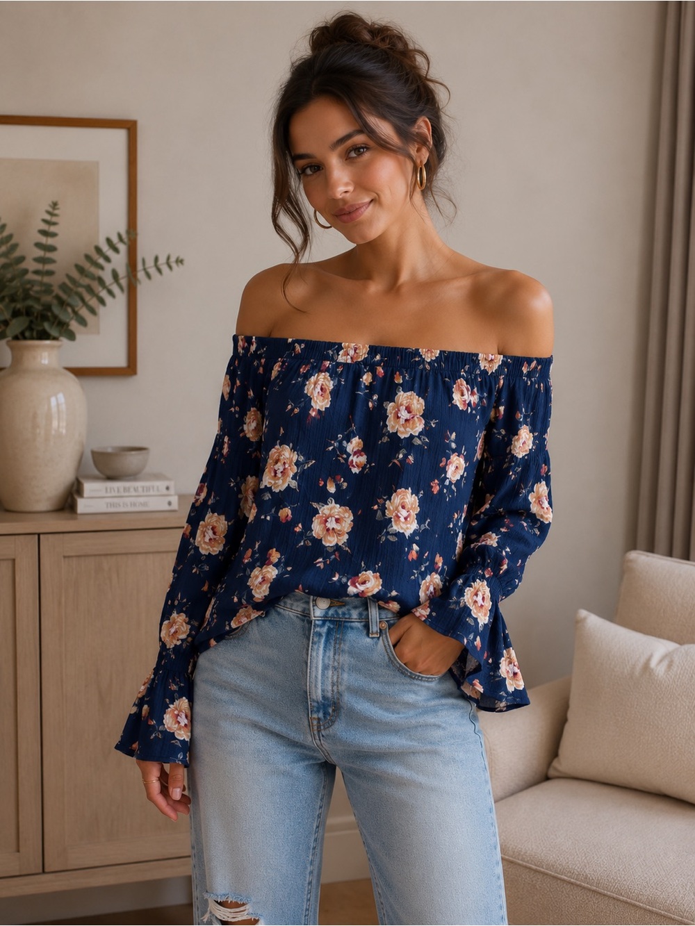 BP Floral Off-Shoulder Blue Top Small
